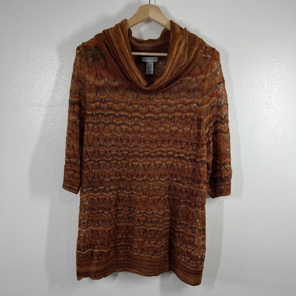 Catherines Tunic Sweater Cowl Neck‎ Open Knit Pullover Earth Tone 3/4 Sleeve 1X